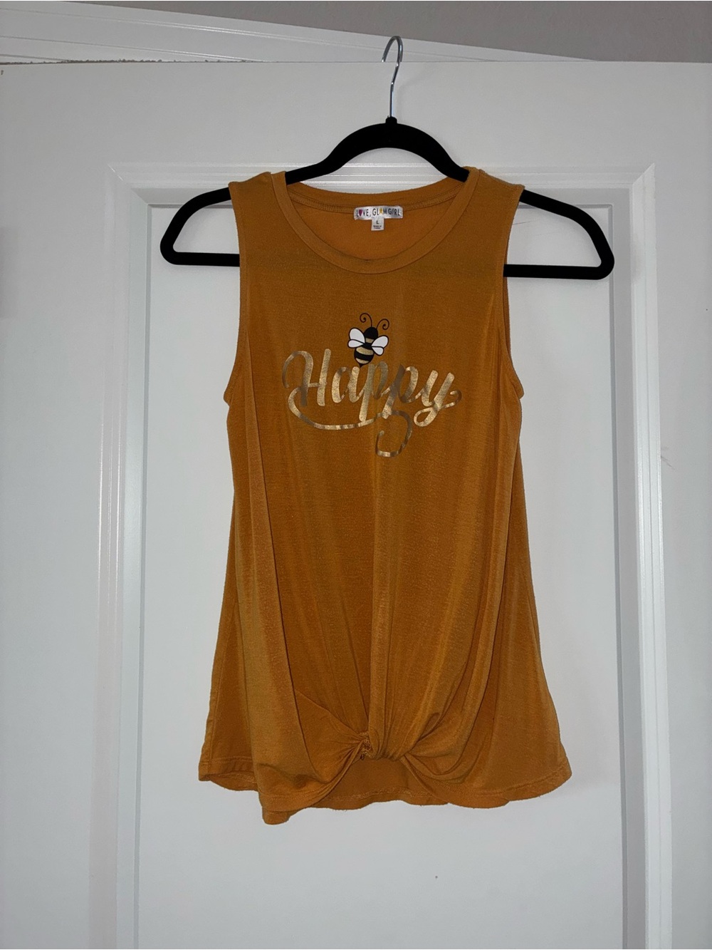 Love, Glam Girl Mustard 'Happy' Knot-Front Tank